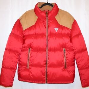 Guess Vibrant Red Puffer Jacket with Tan Details